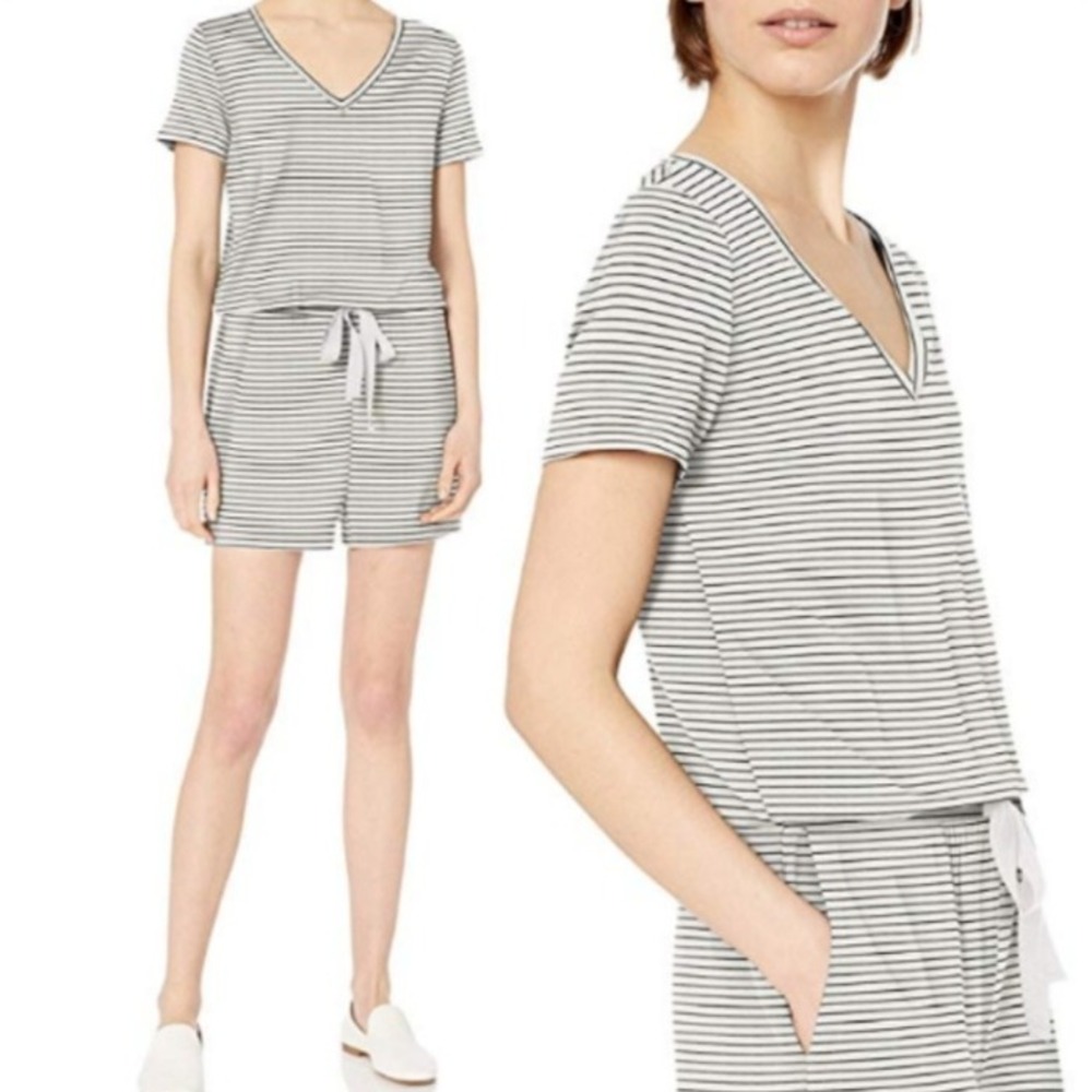 Daily Ritual Supersoft Terry Short-Sleeve V-Neck Romper Striped Black White XS